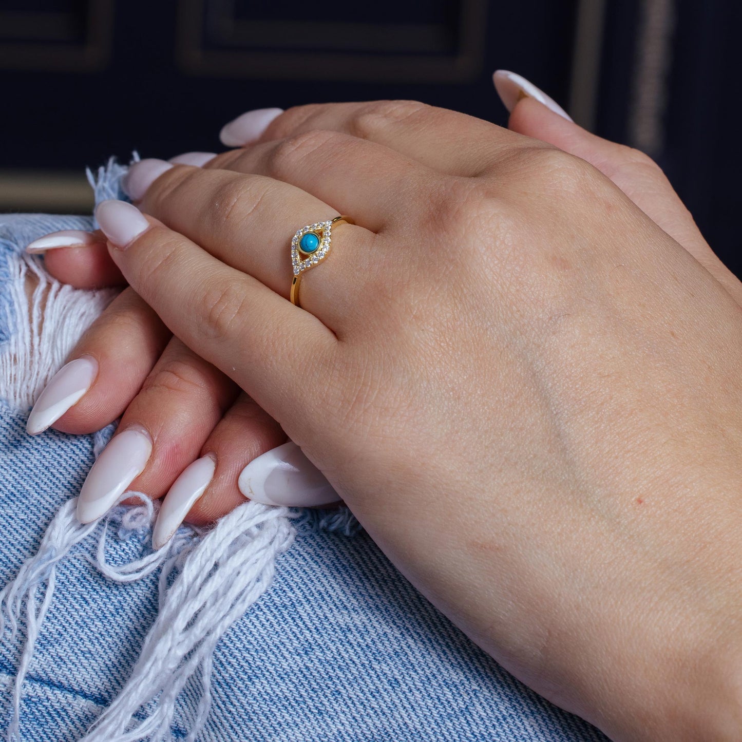 Silver 925 Gold Plated Evil Eye CZ Ring with Turquoise Bead - BGR01109GP