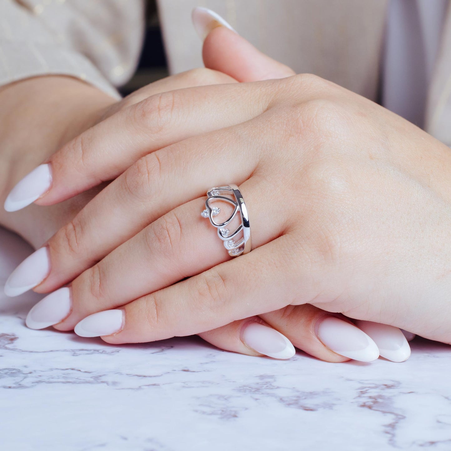 Silver 925 Rhodium Plated Heart Crown Ring with CZ - BGR01160