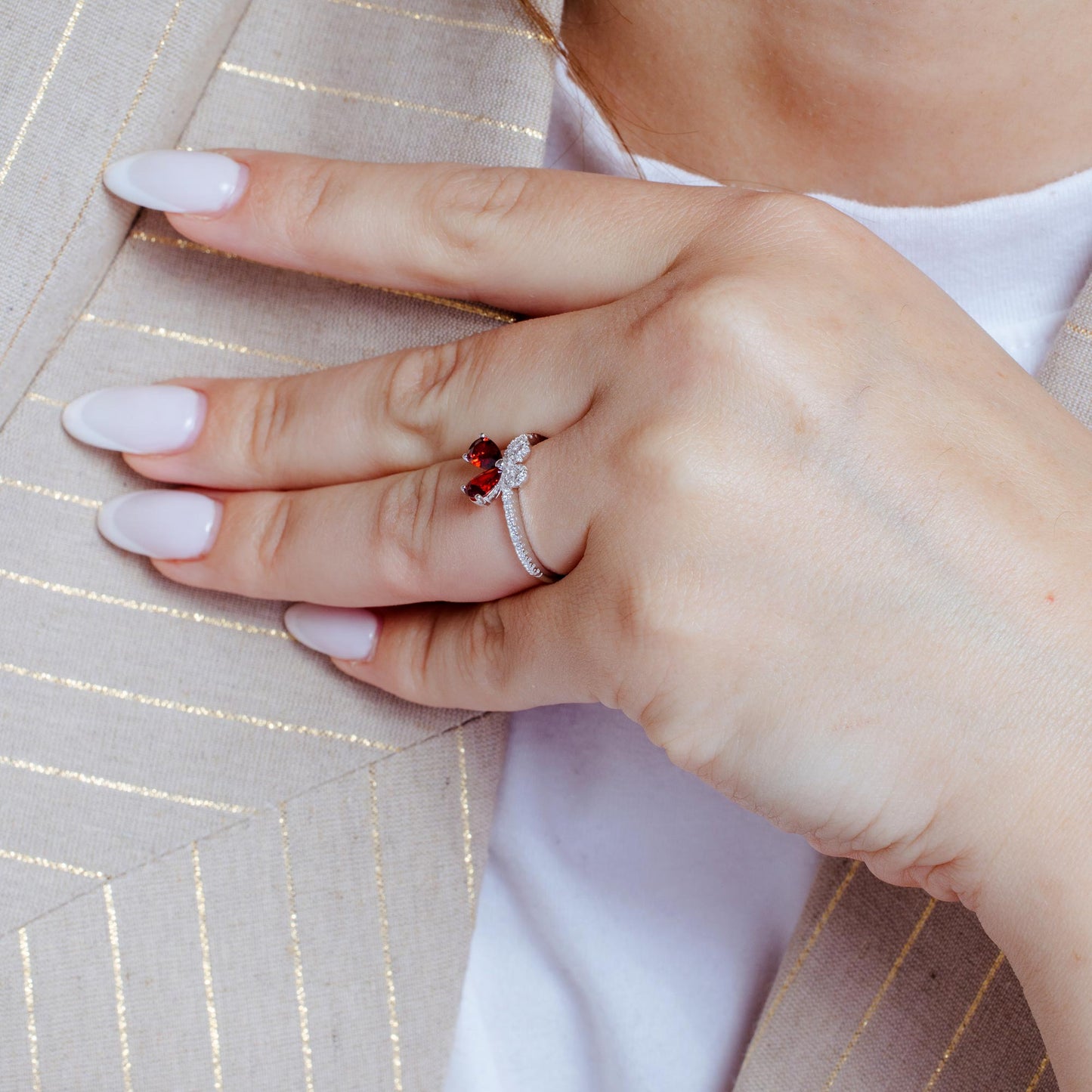 Silver 925 Rhodium Plated Red Butterfly CZ Ring - BGR01164GAR