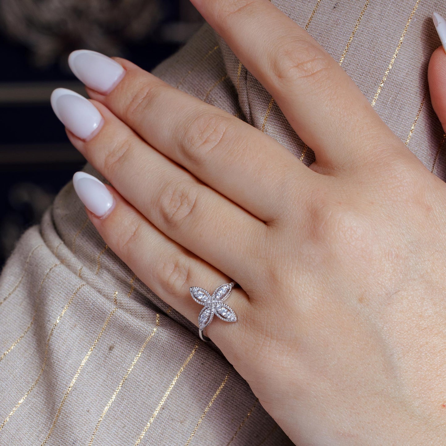 Silver 925 Rhodium Plated Four Petal Ring with CZ - BGR01176