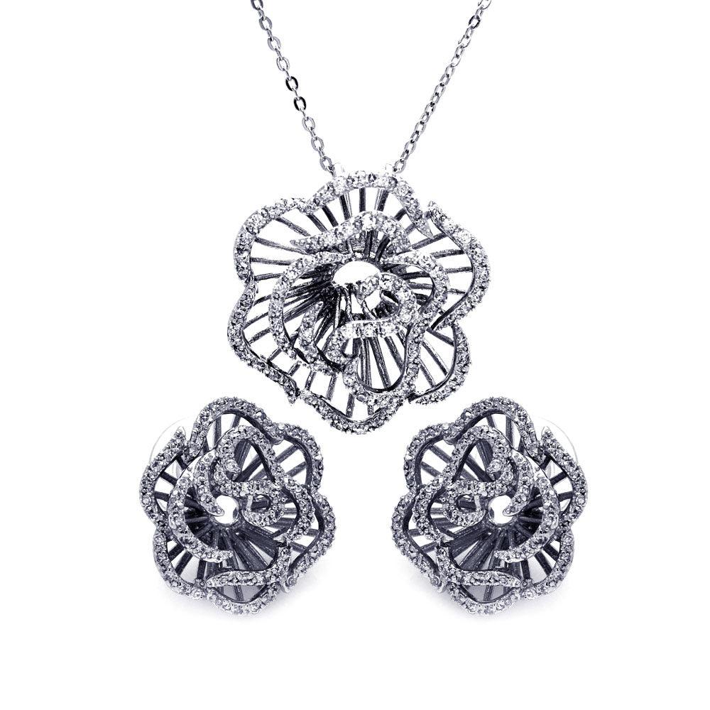 Closeout-Silver 925 Outline CZ Flower Set - BGS00236 | Silver Palace Inc.