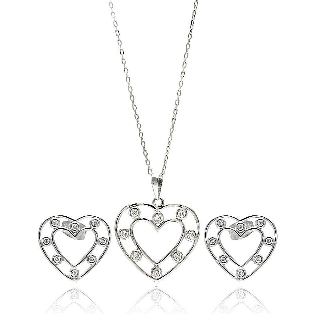 Silver 925 Rhodium Plated Clear Open Outline Heart CZ Stud Earring and Dangling Necklace Set - BGS00262 | Silver Palace Inc.