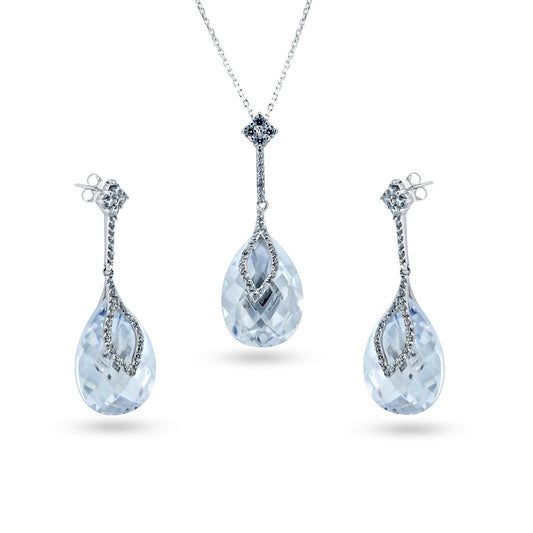 Silver 925 Rhodium Plated Clear Drop CZ Hanging Stud Earring and Hanging Necklace Set - BGS00288