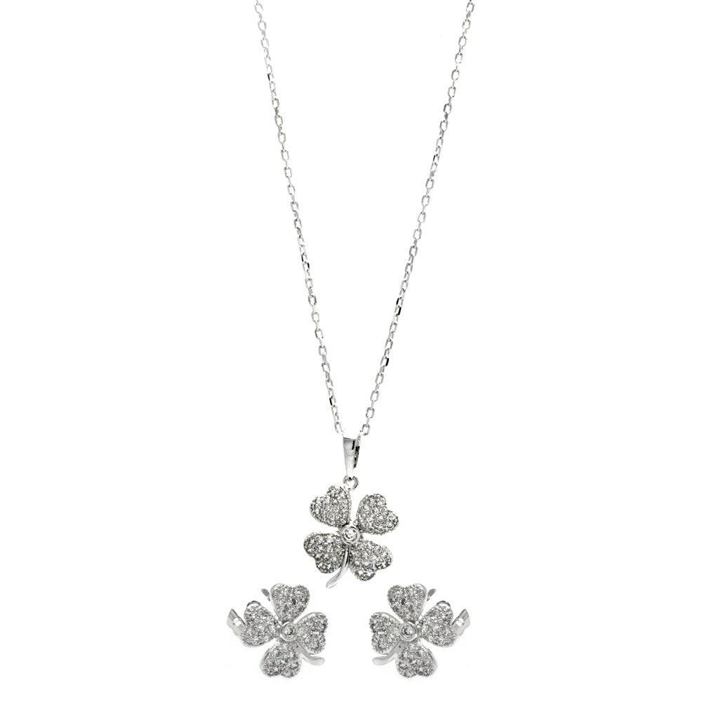 Silver 925 Rhodium Plated Clear Mini Clover CZ Stud Earring and Necklace Set - BGS00291 | Silver Palace Inc.