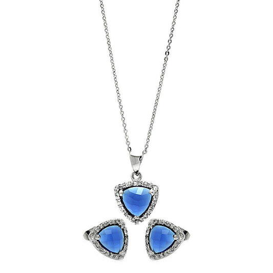 Silver 925 Rhodium Plated Cushion Triangle Blue CZ Set - BGS00327 | Silver Palace Inc.