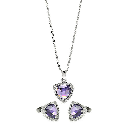 Silver 925 Rhodium Plated Cushion Triangle Purple CZ Set - BGS00328 | Silver Palace Inc.