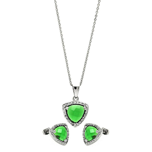 Silver 925 Rhodium Plated Cushion Triangle Green CZ Set - BGS00329 | Silver Palace Inc.