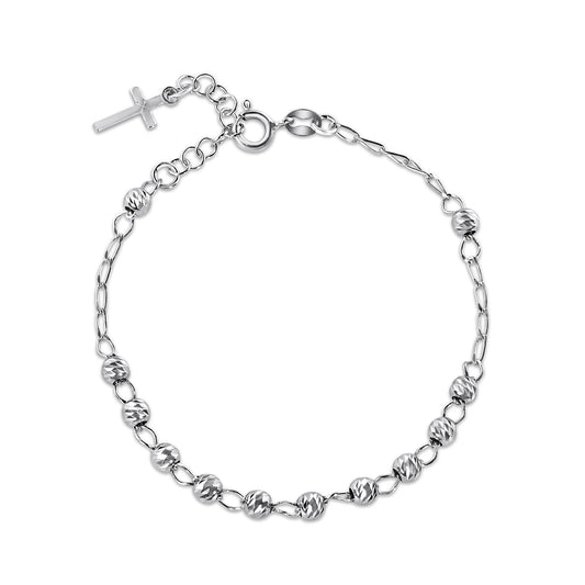 Silver 925 Rhodium Plated DC Bead Cross Rosary Bracelet - GCB00005-RH