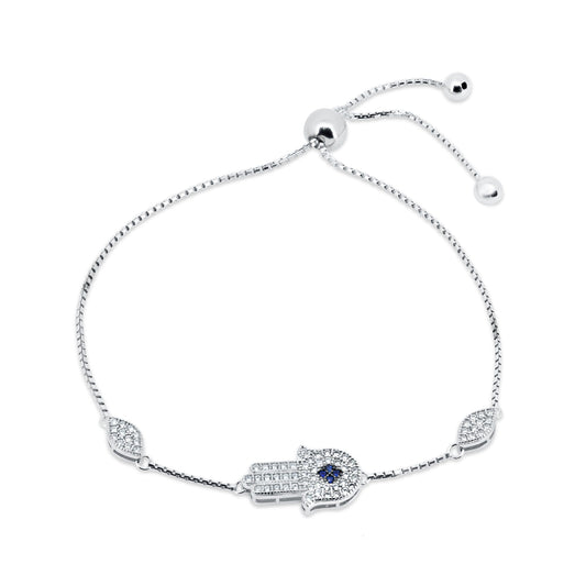 Silver 925 Rhodium Plated CZ Hamsa Hand Lariat Bracelet - GMB00039B-S