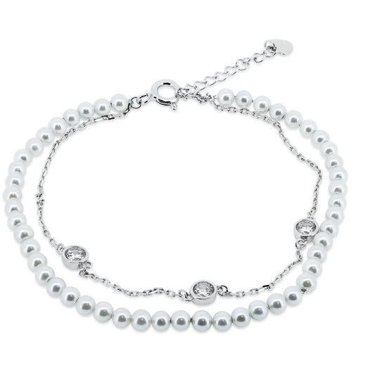 Silver 925 Rhodium Plated Double Strand Synthetic Pearl with CZ - GMB00054RH