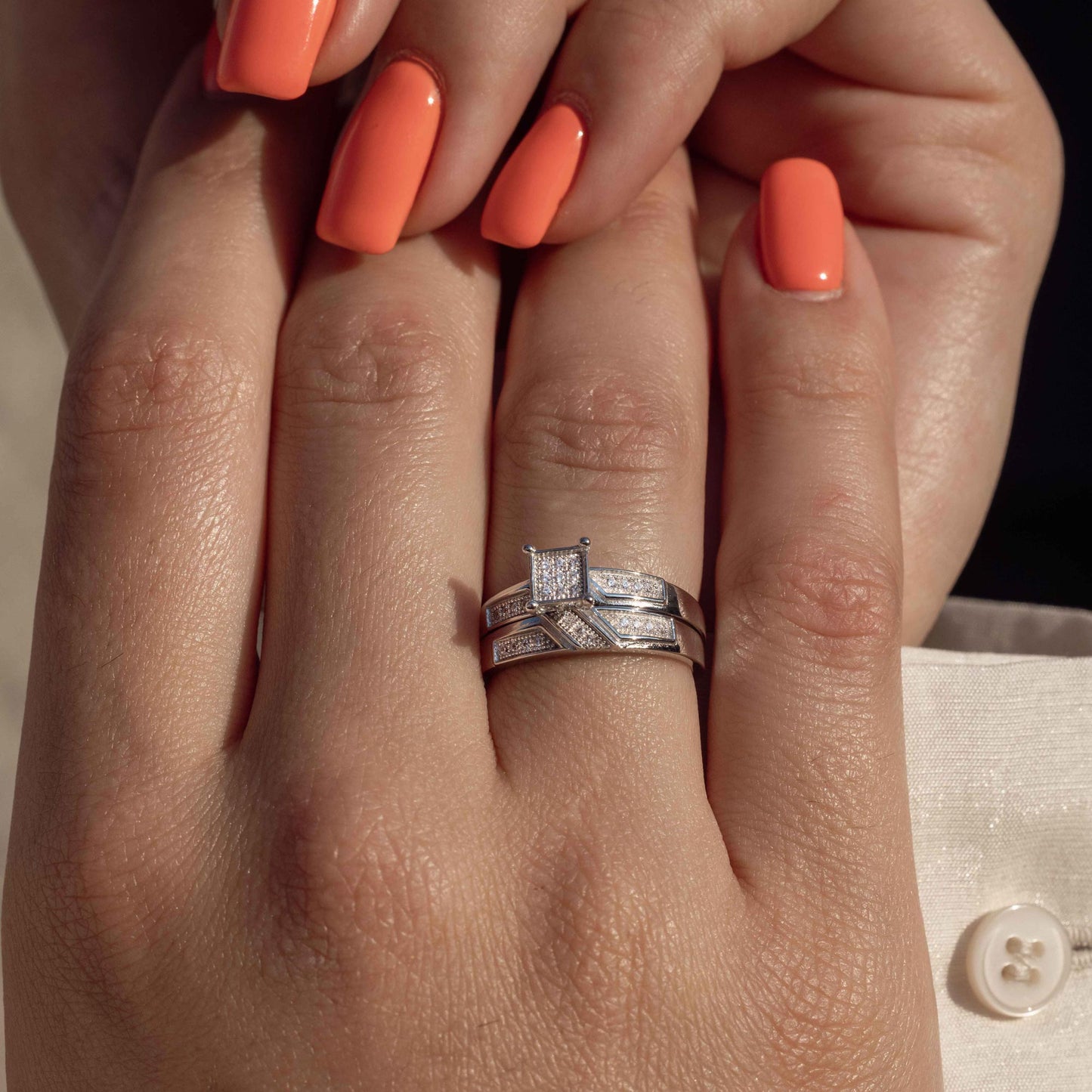 Silver 925 Rhodium Plated Square Pave Center Trio Bridal Ring - GMR00172