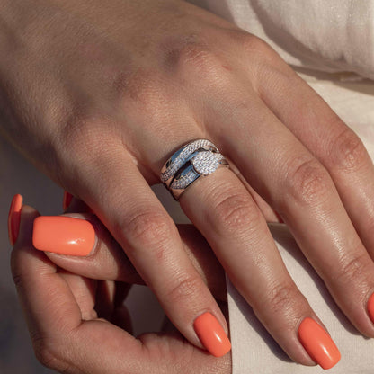 Silver 925 Rhodium Plated Wave CZ Band Round Center Cluster Stones Wedding Ring - GMR00176