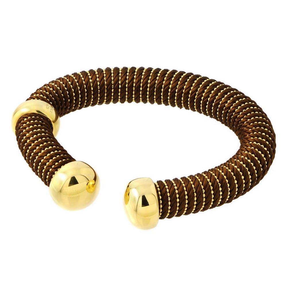 Silver 925 Gold Plated Open Brown Silk Cord Italian Bracelet - ITB00139GP-BROWN | Silver Palace Inc.