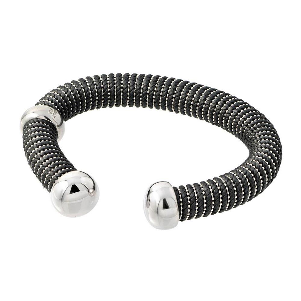 Silver 925 Rhodium Plated Open Black Silk Cord Italian Bracelet - ITB00139RH-BLACK | Silver Palace Inc.