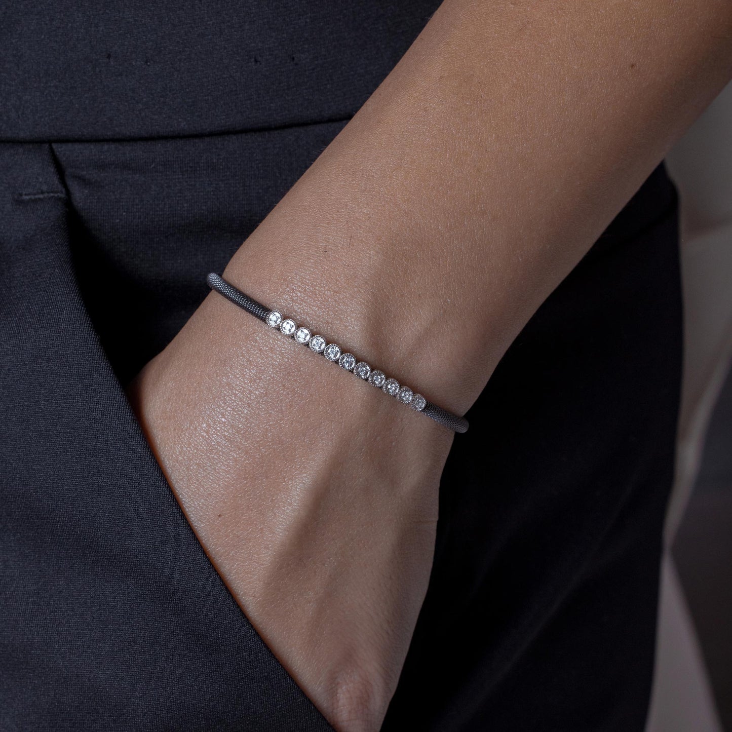 Silver 925 Black Rhodium Plated CZ Small Row Italian Bracelet - ITB00167BLK