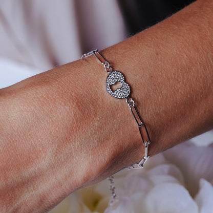 Silver 925 Rhodium Plated Paperclip Clear CZ Heart Lock Adjustable Bracelet - ITB00335-RH