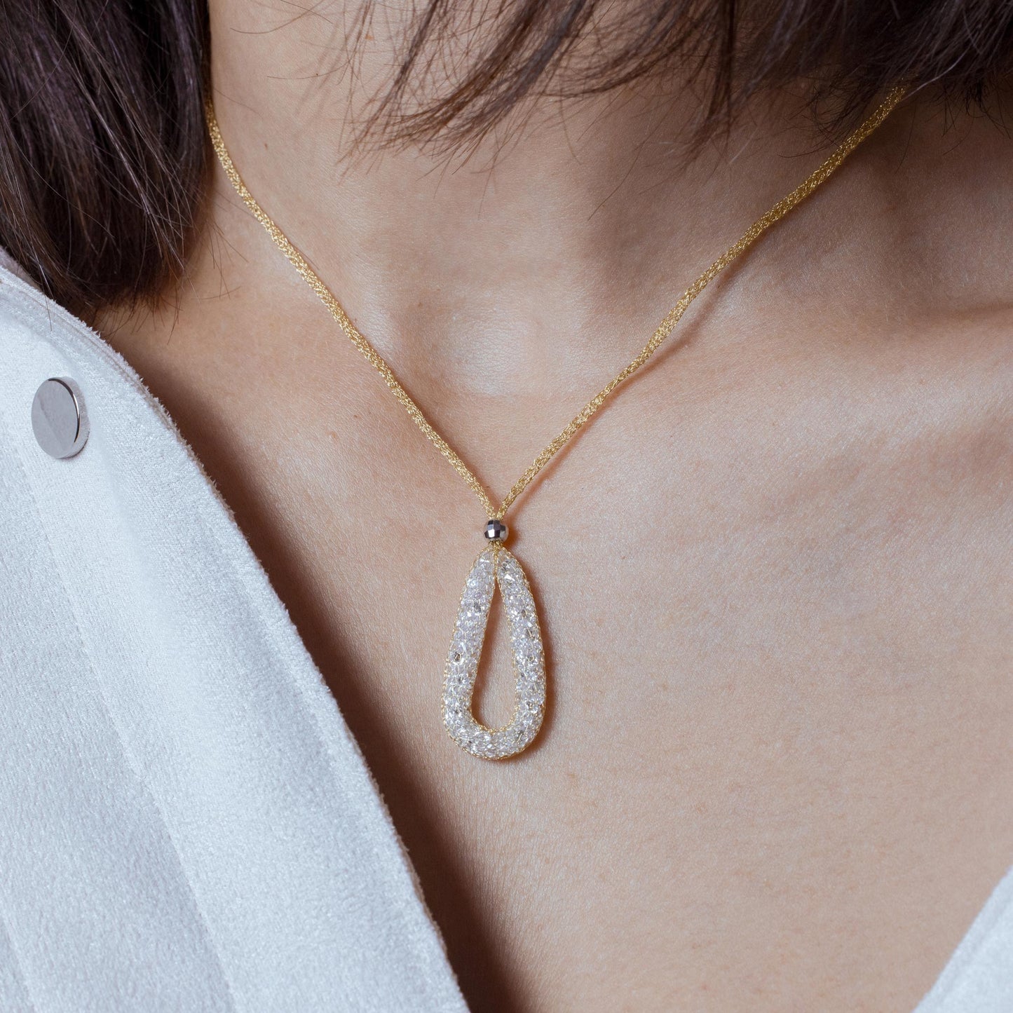 Silver 925 Gold Plated Mesh Necklace and Dropped Mesh Teardrop with Filled CZ - ITN00077GP