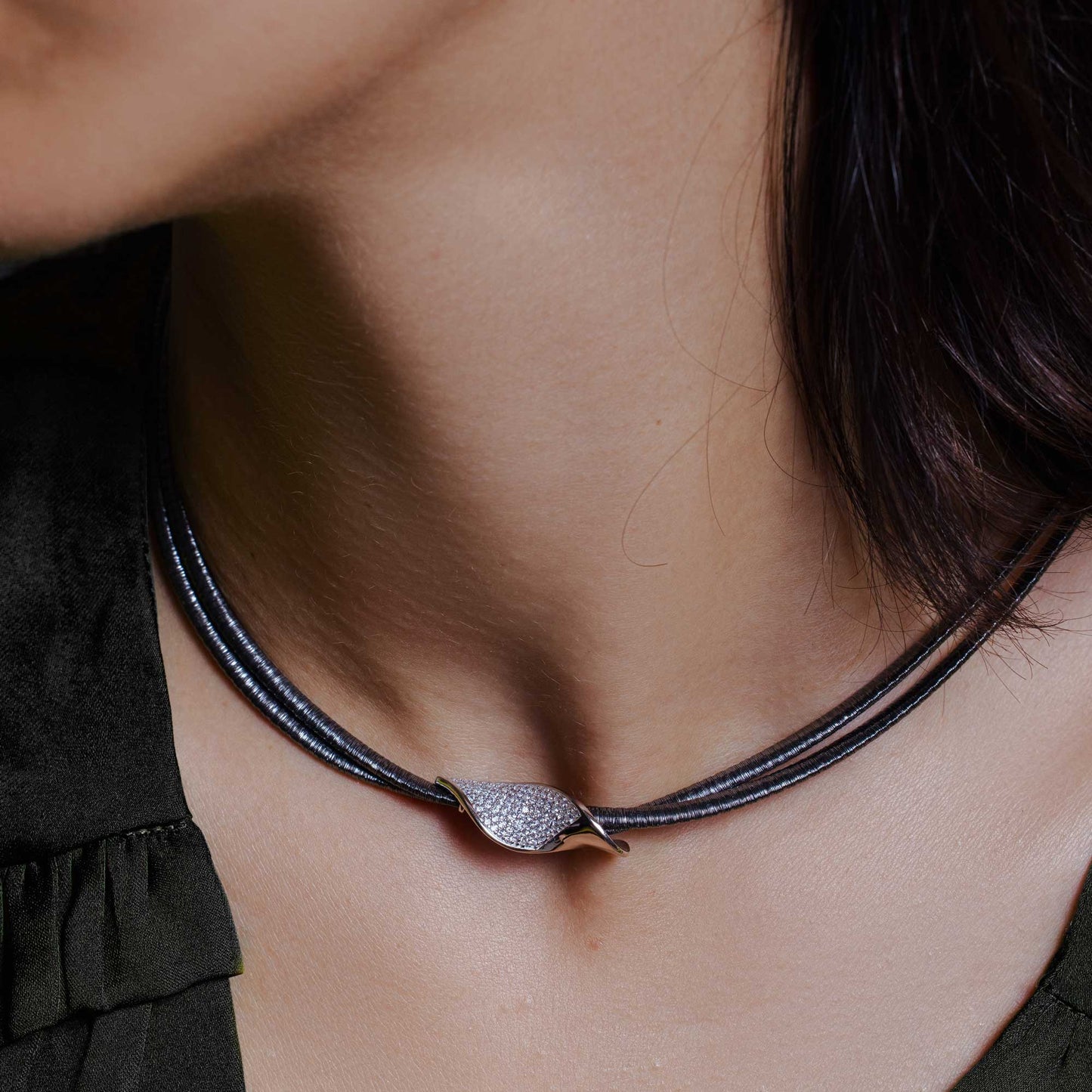 Silver 925 Black Rhodium Plated Italian Necklace with Micro Pave CZ Curved Accent - ITN00119BLK-RH