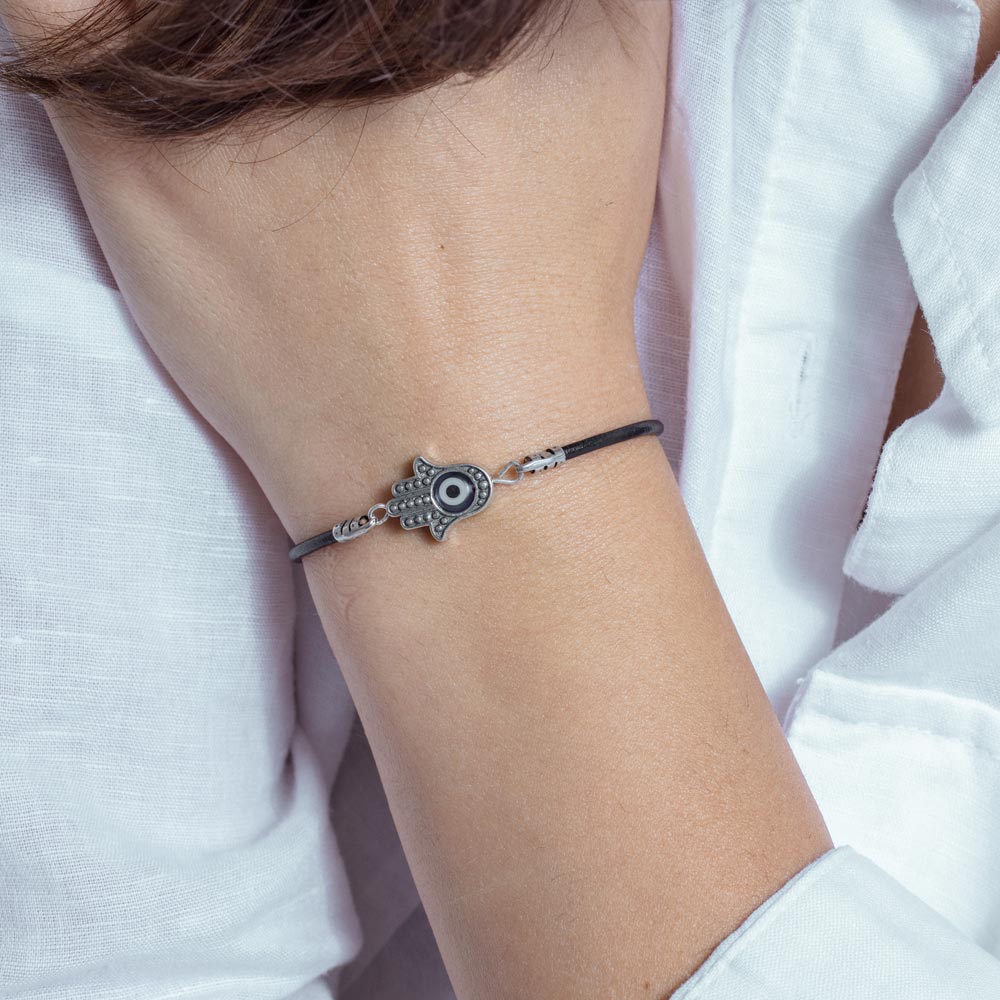 Silver 925 Oxidized Blue Evil Eye Hamsa Hand on a Leather Bracelet - OXB00008