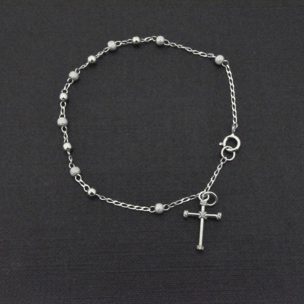 Silver 925 High Polished Half Glitter Beads Rosary Bracelet 3mm - RSB05RH-3MM | Silver Palace Inc.