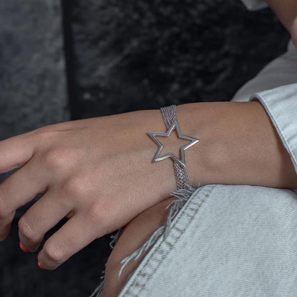 Closeout-Silver 925 Rhodium Plated Multi Strand Open Star Bracelet - STB00292