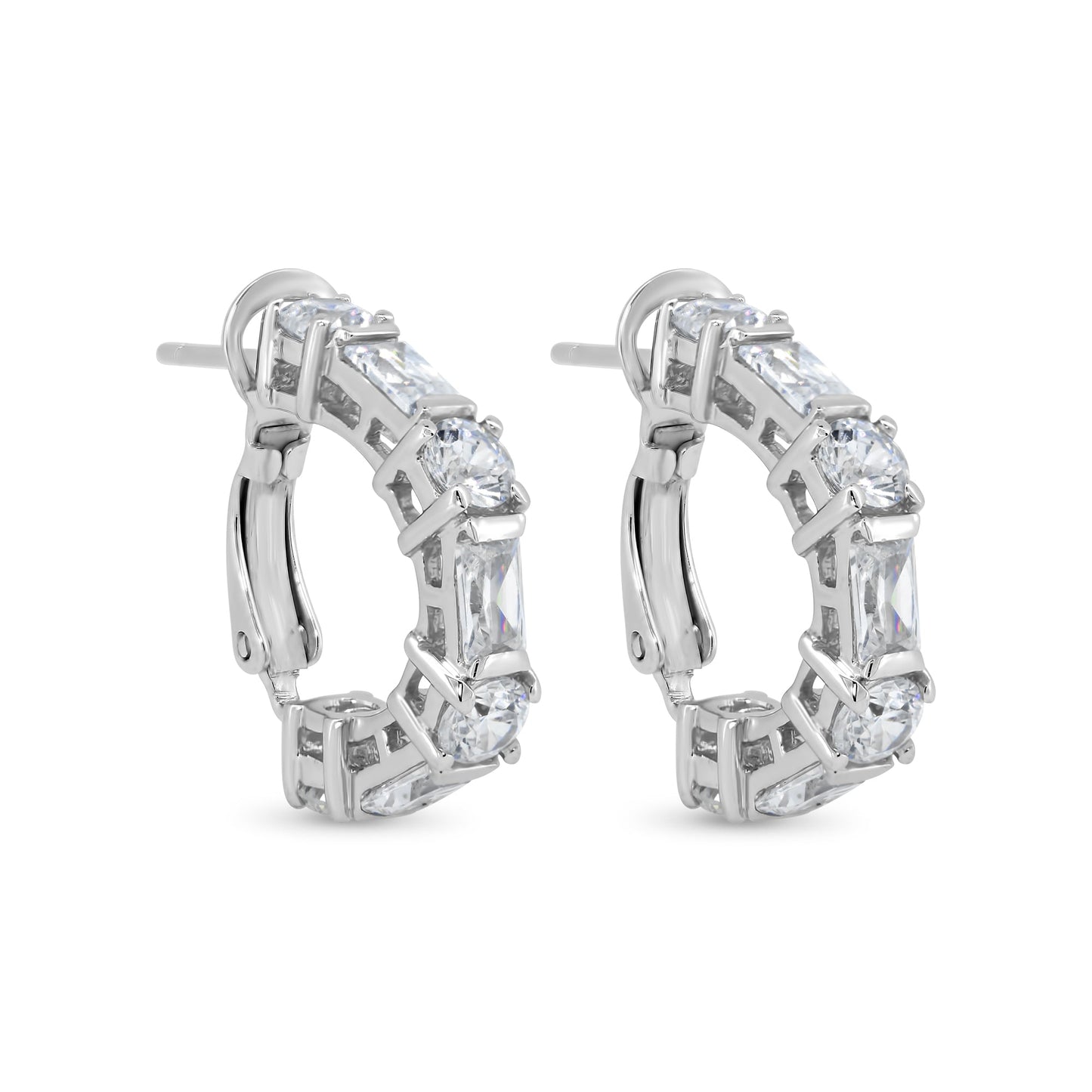 Silver 925 Rhodium Plated Blue and Clear Rectangle and Round Circle CZ Stud Earrings - STE00932