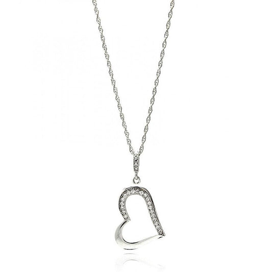 Silver 925 Rhodium Plated Clear CZ Heart Pendant Necklace - STP01354 | Silver Palace Inc.