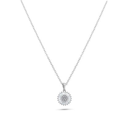 Silver 925 Rhodium Plated Clear Cluster and Baguette CZ Flower Pendant Necklace - STP01370
