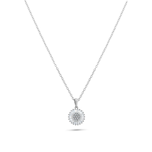 Silver 925 Rhodium Plated Clear Cluster and Baguette CZ Flower Pendant Necklace - STP01370