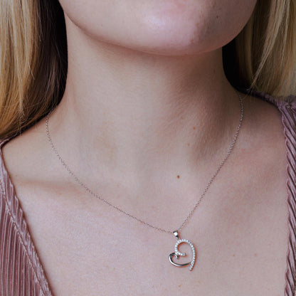 Silver 925 Rhodium Plated Curved Open Heart CZ Necklace - STP01585