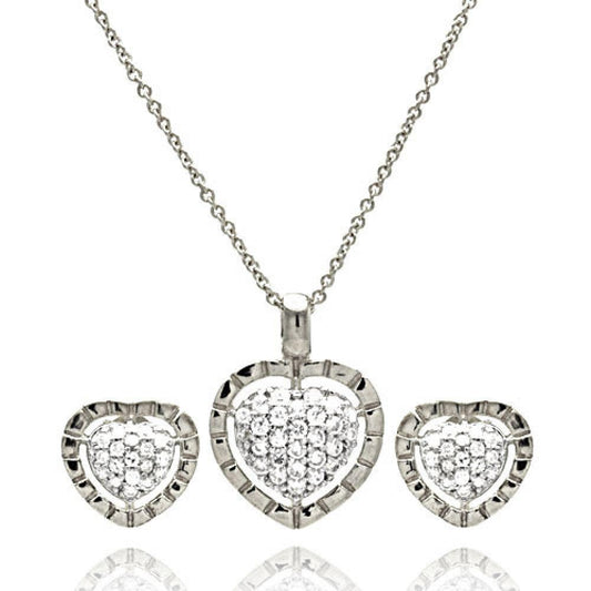 Silver 925 Rhodium Plated Clear Heart CZ Stud Earring and Necklace Set - STS00175RH | Silver Palace Inc.