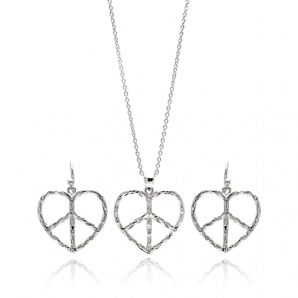 Silver 925 Rhodium Plated Open Peace Sign Heart CZ Dangling Hook Earring and Necklace Set - STS00218 | Silver Palace Inc.