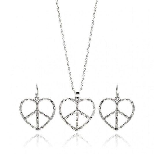 Silver 925 Rhodium Plated Open Peace Sign Heart CZ Dangling Hook Earring and Necklace Set - STS00218 | Silver Palace Inc.