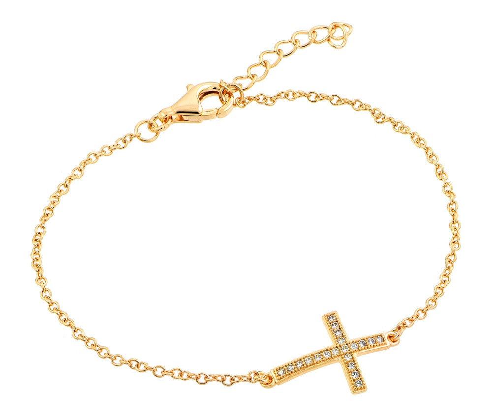 Silver 925 Gold Plated Sideways Cross CZ Bracelet - BGB00159 | Silver Palace Inc.