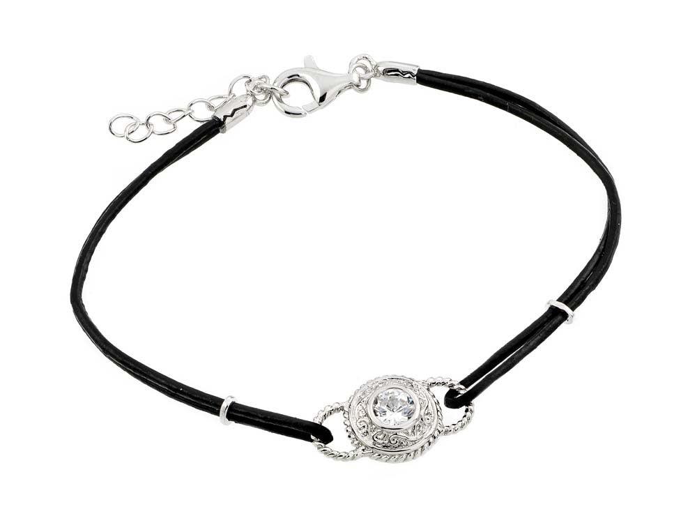 Silver 925 Rhodium Plated Circle Center Clear CZ Black Rope Bracelet - BGB00174 | Silver Palace Inc.