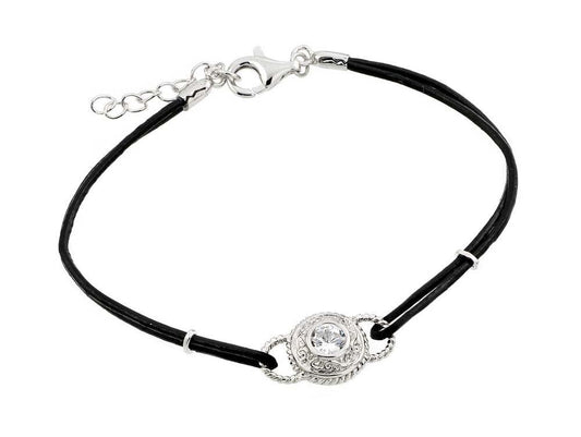 Silver 925 Rhodium Plated Circle Center Clear CZ Black Rope Bracelet - BGB00174 | Silver Palace Inc.