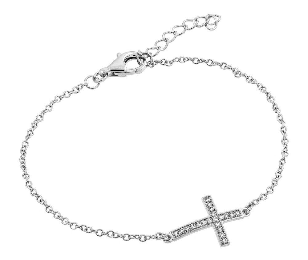 Silver 925 Rhodium Plated Sideways Cross CZ Bracelet - BGB00157 | Silver Palace Inc.