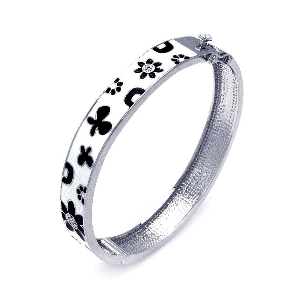 Silver 925 Rhodium Plated White Enamel Flower Design CZ Bangle Bracelet - BGG00027 | Silver Palace Inc.