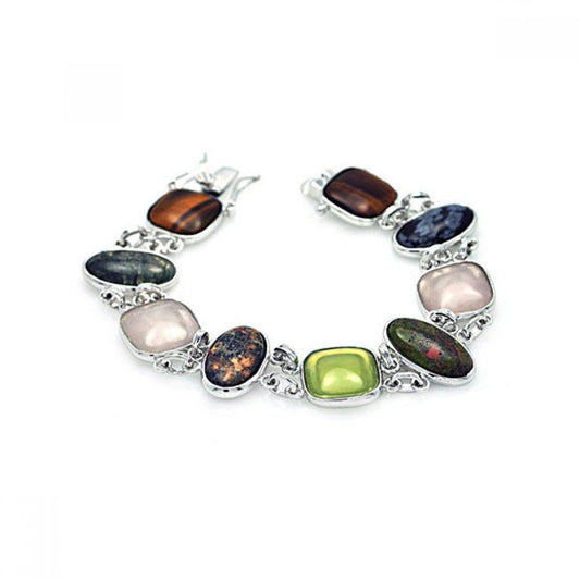 Silver 925 Rhodium Plated Multiple Multicolor Multi-texture Stone Bracelet - BGB00018 | Silver Palace Inc.