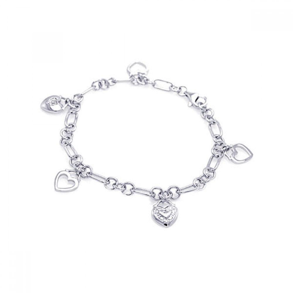 Silver 925 Rhodium Plated Multiple Dangling Open Heart Charm CZ Bracelet - BGB00041 | Silver Palace Inc.