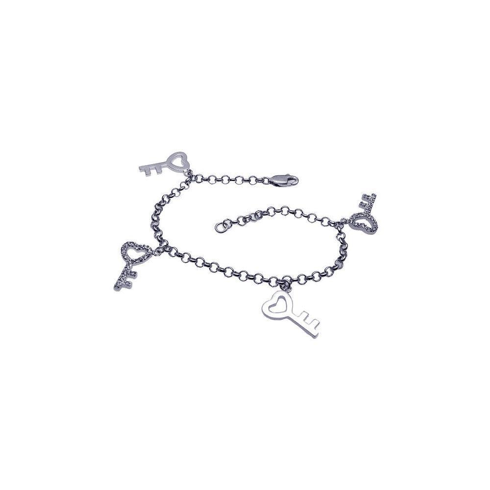 Silver 925 Rhodium Plated Multiple Dangling Open Heart Key CZ Bracelet - BGB00043 | Silver Palace Inc.