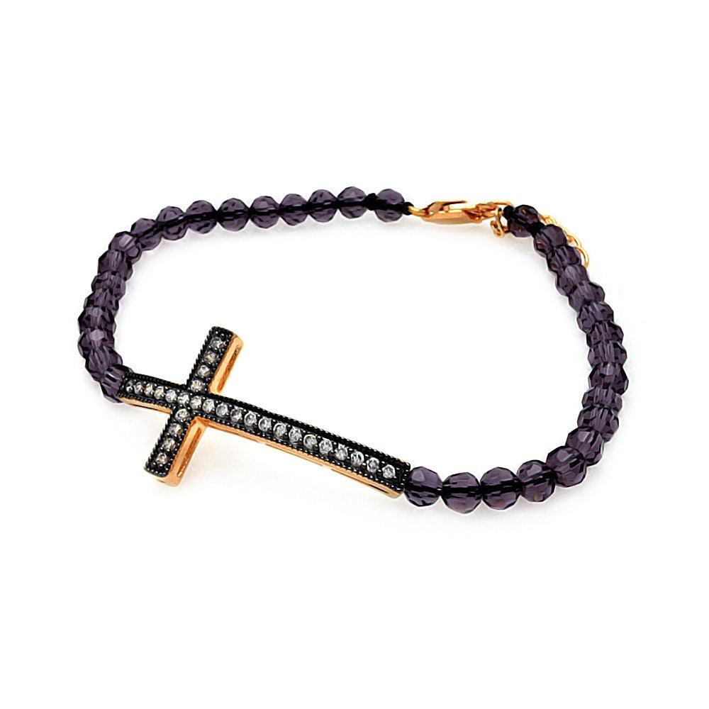 Silver 925 Gold and Black Rhodium Plated Sideways Cross CZ Purple Crystal Beads Bracelet - BGB00108 | Silver Palace Inc.