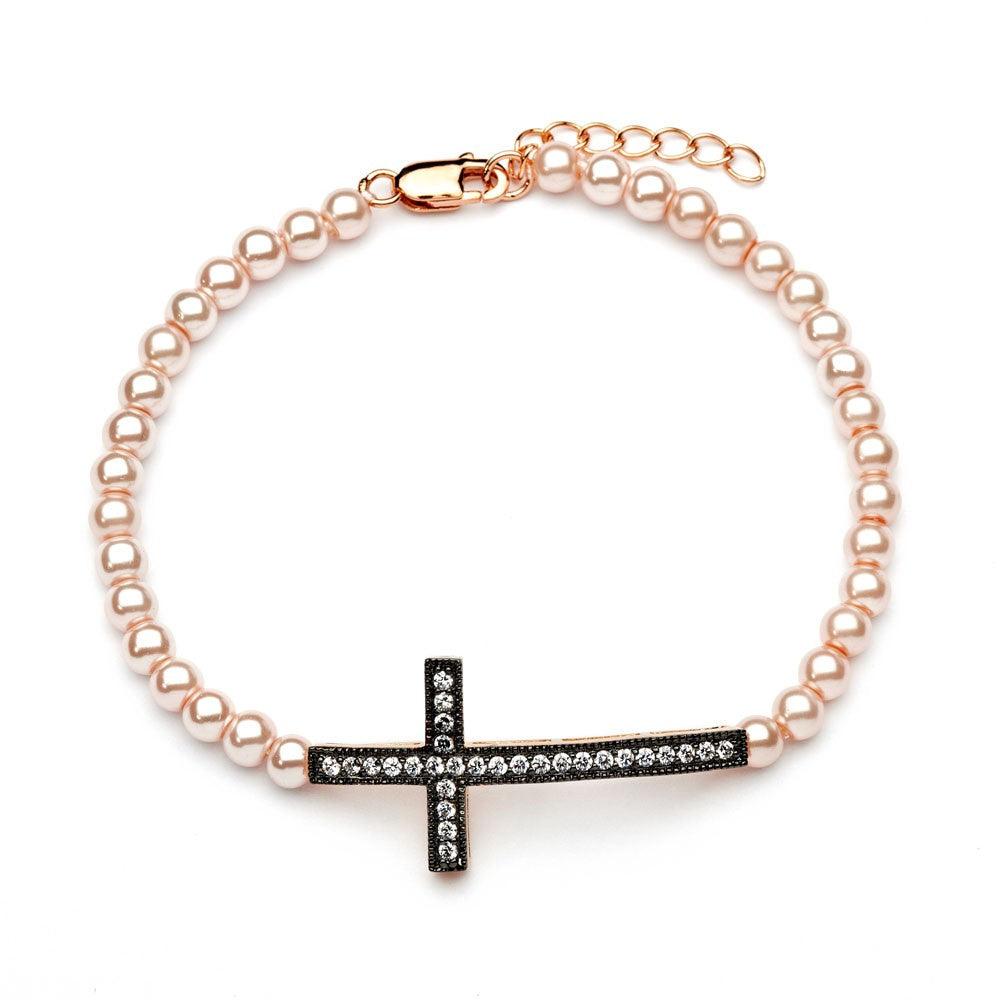 Silver 925 Gold and Silver Rhodium Plated Sideways Cross CZ Pearl Bead Bracelet - BGB00109 | Silver Palace Inc.