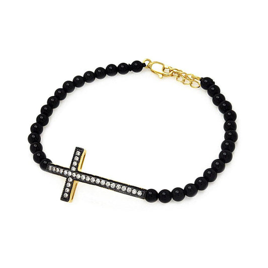 Silver 925 Black and Gold Rhodium Plated Sideways Cross CZ Black Bead Bracelet - BGB00121 | Silver Palace Inc.