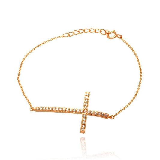 Silver 925 Rose Gold Plated Sideways Cross CZ Bracelet - BGB00125RGP | Silver Palace Inc.