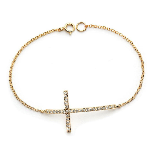 Silver 925 Gold Plated Sideways Cross Clear CZ Inlay Bracelet - BGB00148 | Silver Palace Inc.