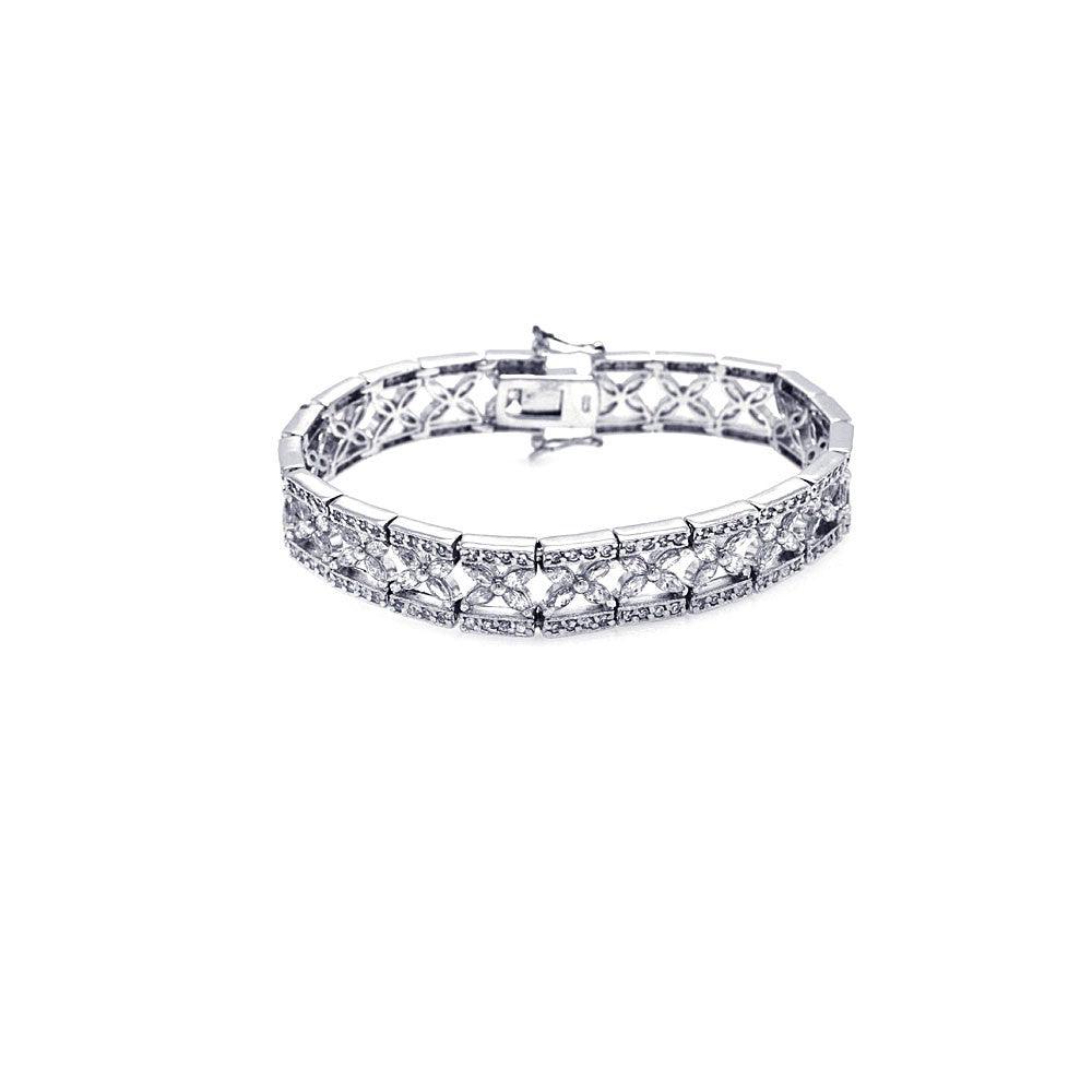 Silver 925 Rhodium Plated Clear CZ Flower Bracelet - STB00067 | Silver Palace Inc.