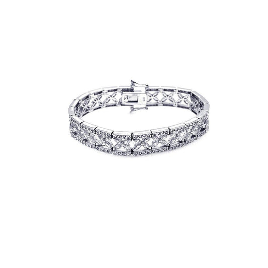 Silver 925 Rhodium Plated Clear CZ Flower Bracelet - STB00067 | Silver Palace Inc.