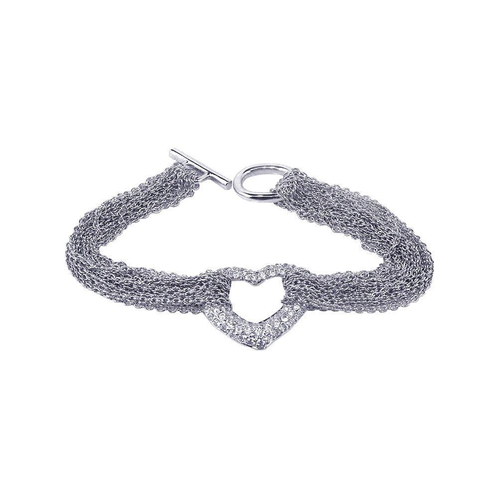 Closeout-Silver 925 Rhodium Plated Multi Chain Open Heart Micro Pave Clear CZ Bracelet - STB00260 | Silver Palace Inc.