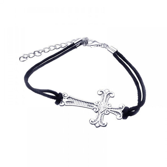 Silver 925 Rhodium Plated Cross Black Cord Bracelet - STB00351 | Silver Palace Inc.